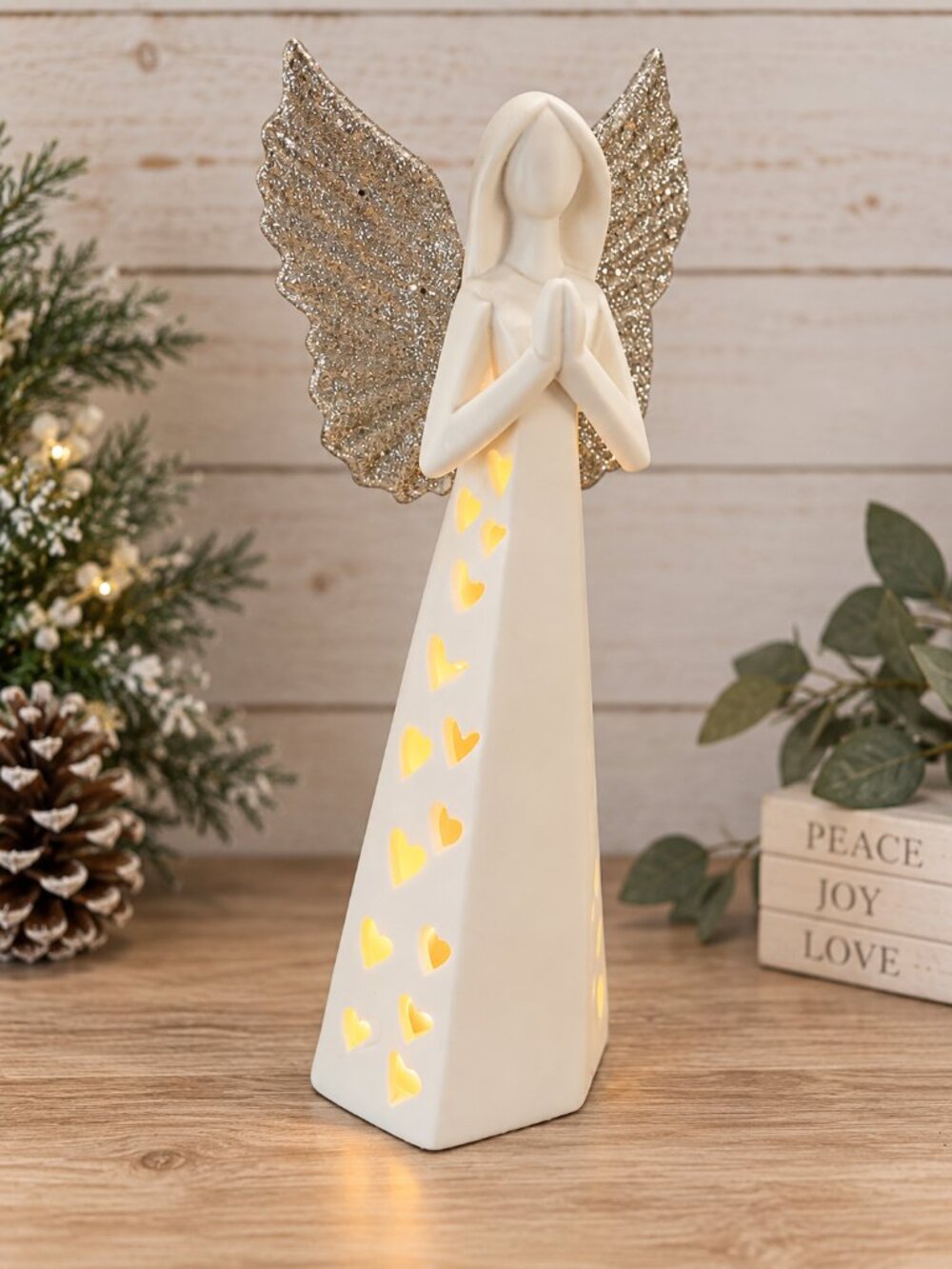 Lighted Ceramic Angel Figurine White Glitter Wings Heart Cutouts 10”